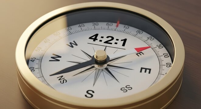A close-up, glossy, and highly polished golden metallic compass, meticulously 3D rendered, with its red-tipped needle precisely indicating the conceptual '4:2:1' ratio on a crisp white dial, resting