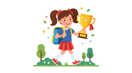 Fototapeta premium Happy schoolgirl carrying a backpack and holding a golden trophy cup in a vibrant outdoor park setting during a sunny day