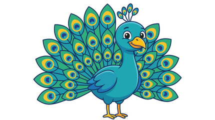 Cute cartoon peacock with bright colorful feathers and a friendly expression isolated on white
