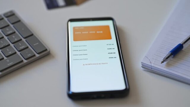 Smartphone screen showing unauthorized transactions and suspended bank account notification.