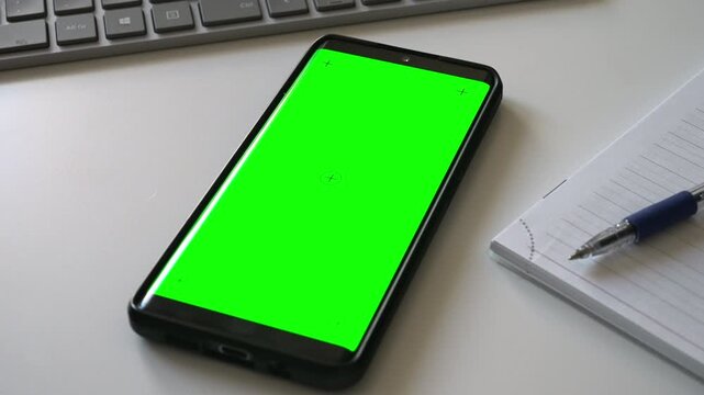 Smartphone with green screen chromakey on desk.