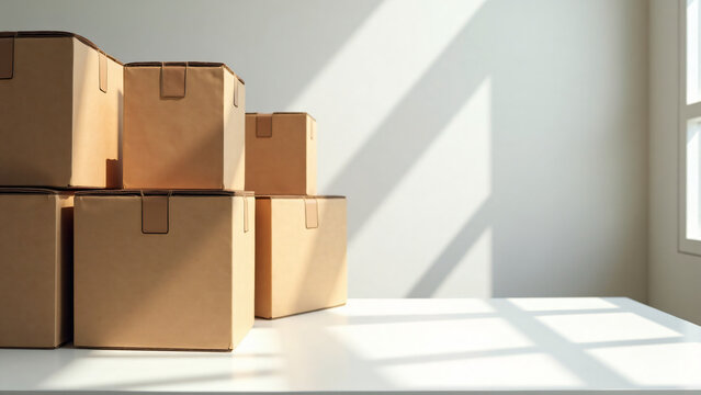 Cardboard Stack on White Table for Text Copy