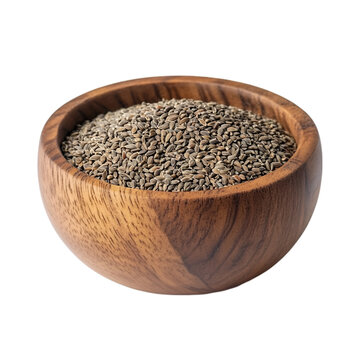 Wooden bowl filled with ajwain seeds isolated on transparent background