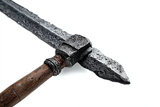 An ancient, weathered war hammer, crafted from rough metal and wood, stands as a testament to historical conflict and artisanal skill.