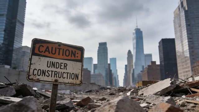 Caution under construction sign placed on rubble with skyscraper skyline in background.