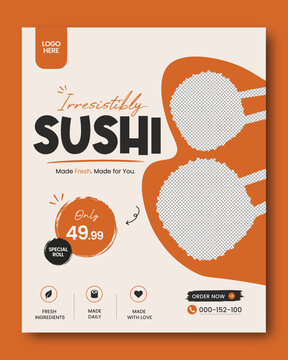 Sushi Restaurant Food Flyer Template, Modern Orange Menu Poster Design for Sushi Bar, Asian Cafe, Takeaway Promotion, Food Advertising, Restaurant Branding and Marketing