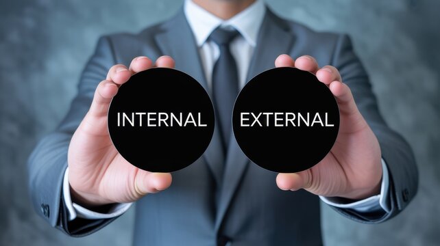 Businessman holding two black signs with the words internal and external