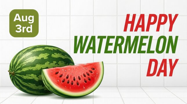 Aug 3rd Happy Watermelon Day banner with whole watermelon and fresh slice