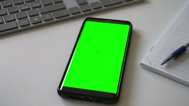 Smartphone with green screen chromakey on desk.