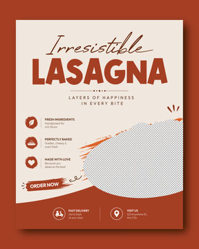 Italian Lasagna Restaurant Food Flyer Template, Modern Orange Menu Poster Design for Cafe, Bistro, Fast Food Promotion, Takeaway Advertising, Restaurant Branding and Marketing