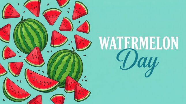 Watermelon Day banner with colorful pattern of watermelon slices and whole fruits