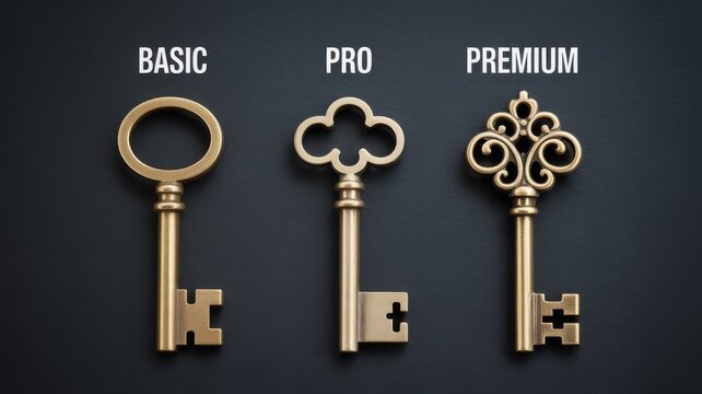 Three vintage brass keys labeled basic pro and premium on dark background