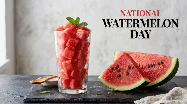 National Watermelon Day banner with tall glass of watermelon cubes and fresh slices