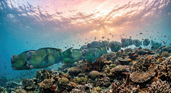 Parrotfish swimming over coral reef - underwater marine wildlife photography