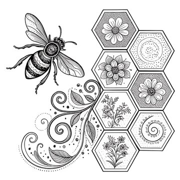 Black and white bee illustration with hexagonal floral patterns