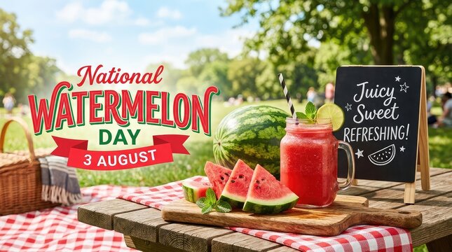 National Watermelon Day 3 August banner with fresh slices juice jar and chalkboard sign