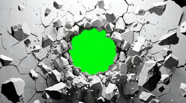 White concrete wall shattering with green screen hole for compositing effects