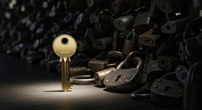 A bright, polished, solitary golden metallic key standing upright on a textured wooden surface, dramatically illuminated by a focused spotlight, juxtaposed against a deep, shadowy background