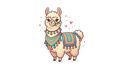 Obraz premium Cute Cartoon Llama with Colorful Blanket and Tassels