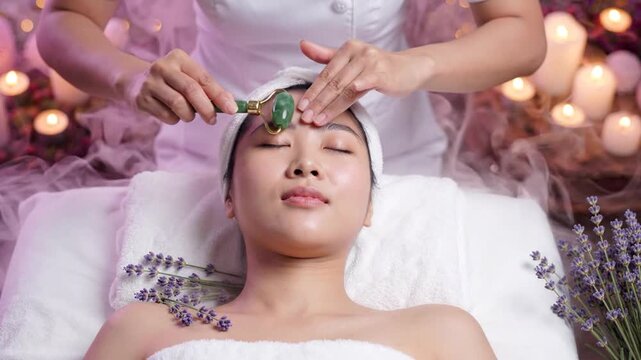 Woman enjoying facial massage with jade roller, spa treatment, aromatherapy, relaxation