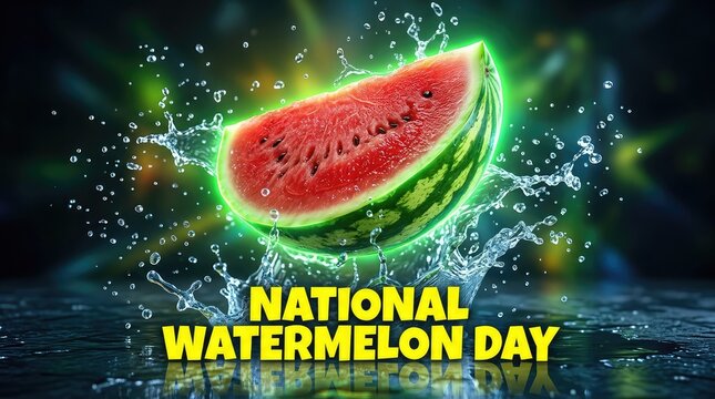 National Watermelon Day banner with neon glowing watermelon slice and water splash