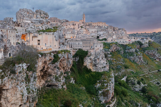 Elevated View of Sasso Caveoso and the Church of Chiesa di San Pietro Caveoso at dawn.