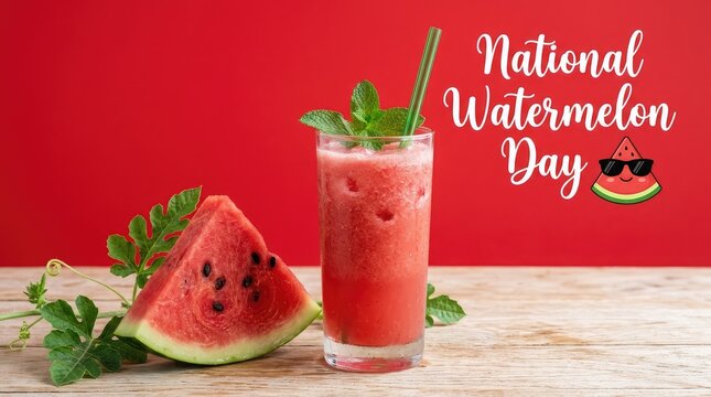 National Watermelon Day banner with cold juice smoothie glass and slice on wooden table