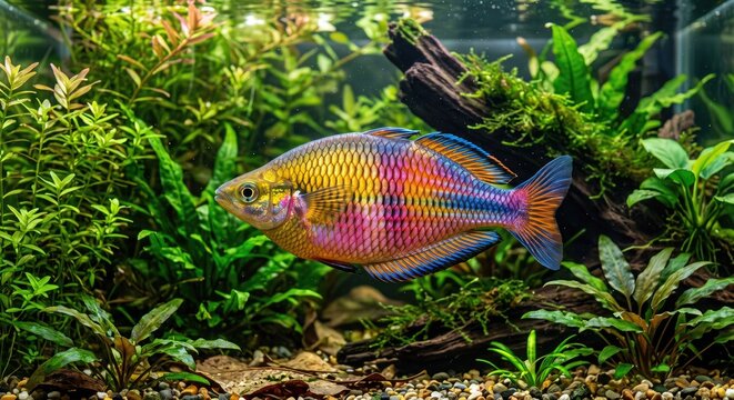 Rainbow fish swimming in planted aquarium - underwater marine wildlife photography