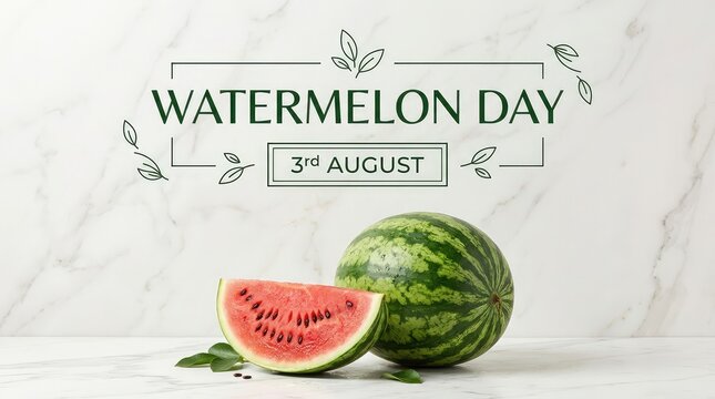 Watermelon Day 3rd August banner with whole watermelon and slice on white marble background
