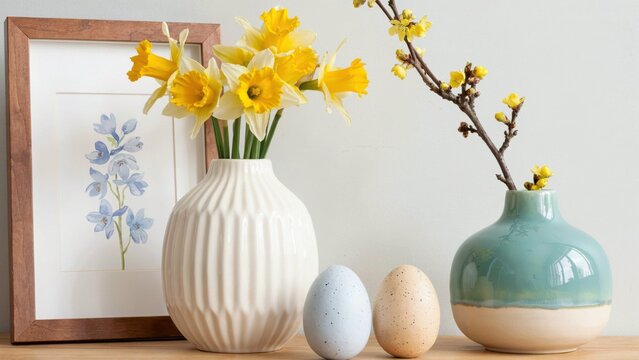 Spring home decor with yellow daffodil in white vase and easter egg on wooden table