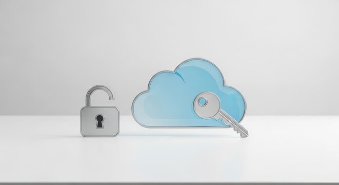 Modern and sleek conceptual 3D rendered glossy blue cloud computing icon, accompanied by a polished silver metallic access key placed securely upon it and an open data security padlock, prominently