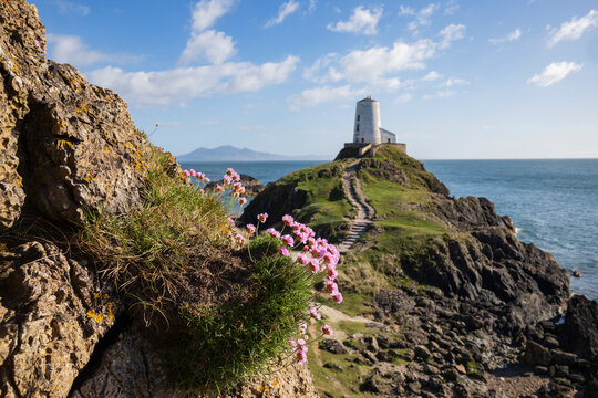 Llanddwyn Lighthouse, Ynys Llanddwyn, Menai Straits, a 19th century lighthouse on the cliffs.