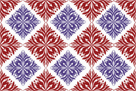 Seamless vintage damask pattern with red and purple floral ornamental tiles vector illustration