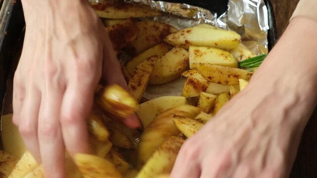 Hands stirring slices of raw potatoes with spices, cooking potatoes