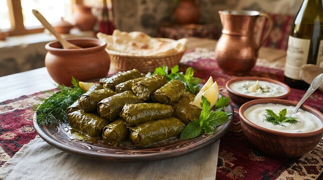 Traditional Mediterranean Dolma Stuffed Grape Leaves Platter with Fresh Herbs and Creamy Yogurt Dipping Sauce on Rustic Table