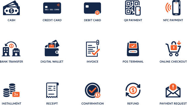 Various payment methods icons with transparent background for digital use