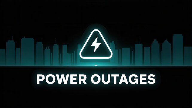 Power outage warning sign with glowing lightning bolt icon over a dark city skyline