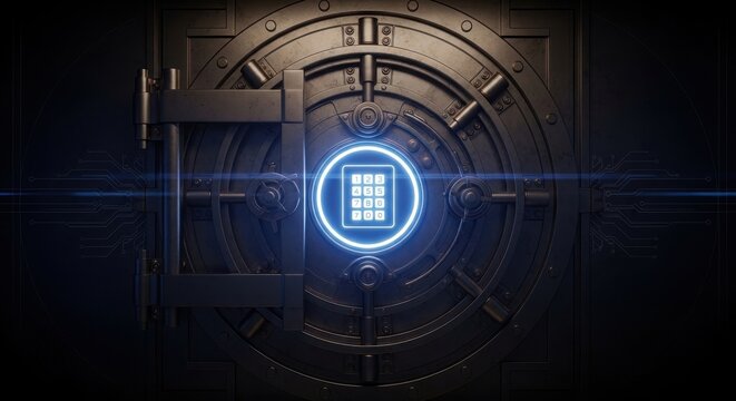 Massive, impenetrable, and futuristic heavy-duty industrial metallic steel bank vault door, intricately detailed with exposed bolts and gears, prominently features a modern glowing blue digital