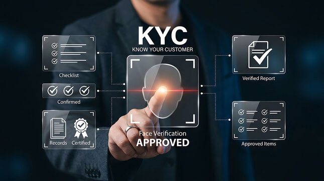 Businessman touching KYC know your customer icon face verification approval screen