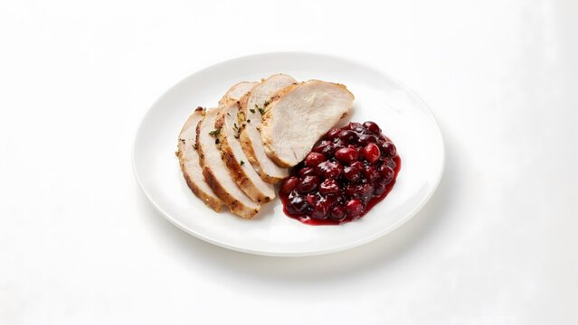 Slices of roasted turkey breast with cranberry sauce on a white plate isolated on white background
