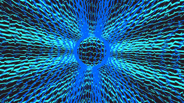 Abstract blue digital wave background, futuristic data visualization with glowing sphere, neon cyan energy lines for technology and science concepts