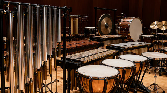 Polished concert chimes and orchestral percussion instruments create stunning visual display concert hall, showcasing musical craftsmanship