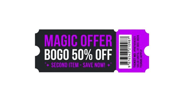 Special Offer Coupon Ticket Animation with Barcode and BOGO 50% Discount Promotion featuring a Realistic Tear Effect&mdash;Ideal for Retail Sales, E-commerce Campaigns, Mobile Apps, Digital Marketing