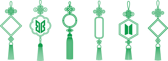 Traditional Chinese Hanging Ornaments Set - Green Jade Knot Decorations with Tassels, Asian Lucky Charms Vector Illustration for Festival Design © celebritynews