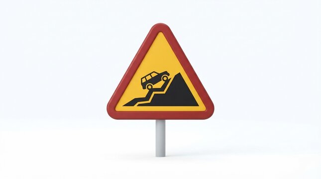 3D Render of a Yellow Triangular Warning Sign Indicating a Steep Slope for Road Safety