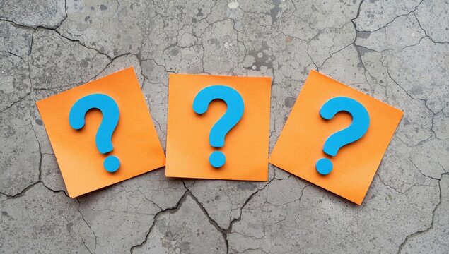 Three blue question marks on orange notes against a broken concrete backdrop.