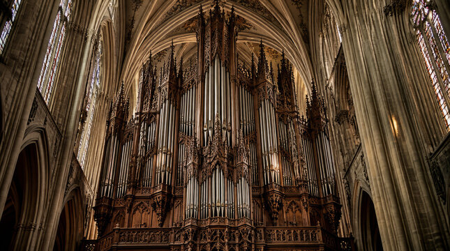 Majestic antique pipe organ inside grand cathedral, showcasing intricate woodwork and towering pipes reaching toward ceiling