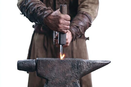 A blacksmith at work, demonstrating the intense heat and skill involved in shaping metal with a hammer on an anvil. The glowing metal and sparks symbolize the creation of something new.