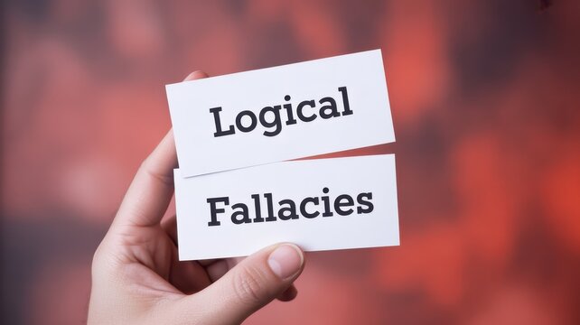 Person holding cards with the text Logical Fallacies against a blurry red background