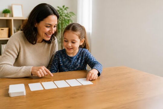 Mother Teaching Daughter with Matching Cards at Table